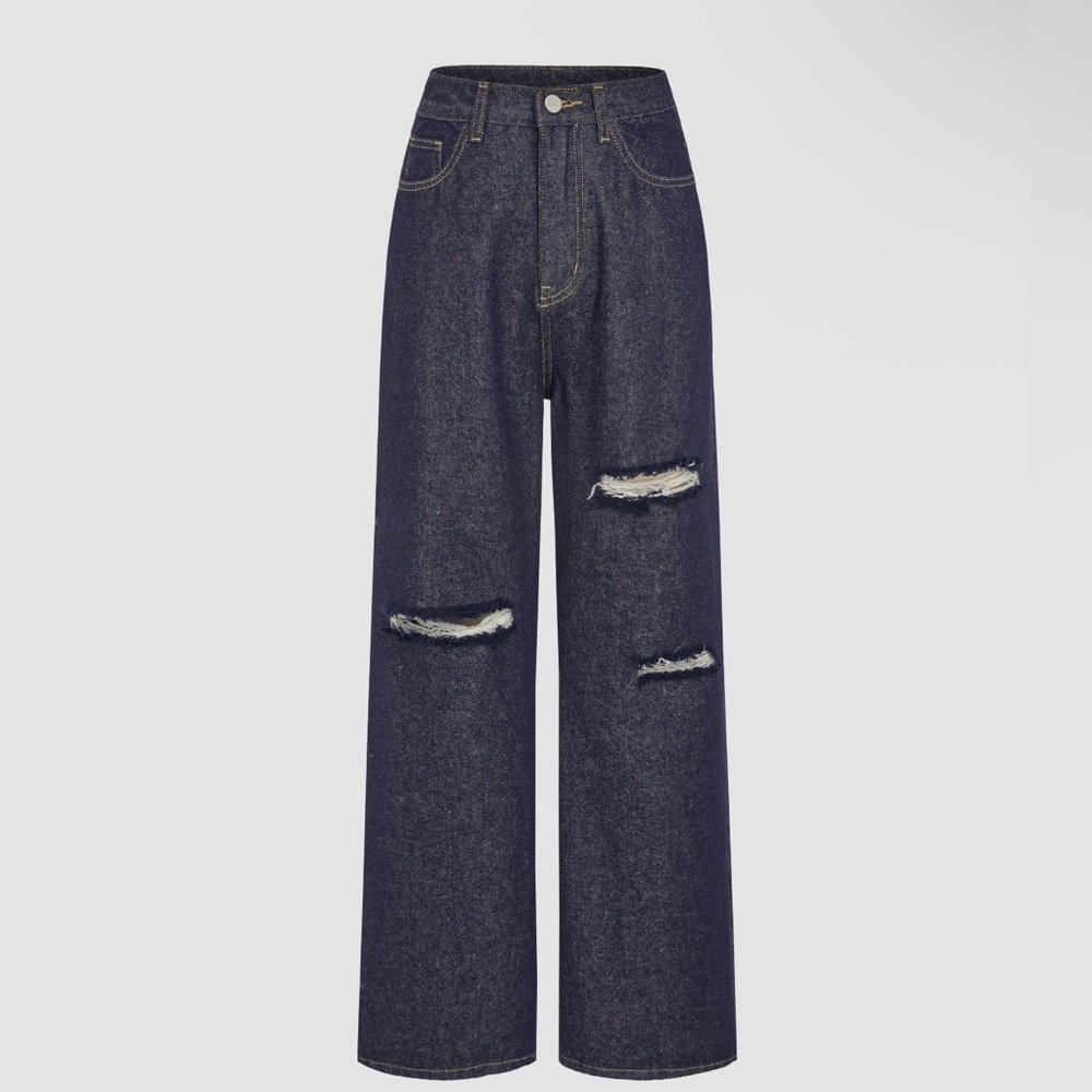 Cider Dark Navy Denim Classic Ripped Straight Leg Jeans